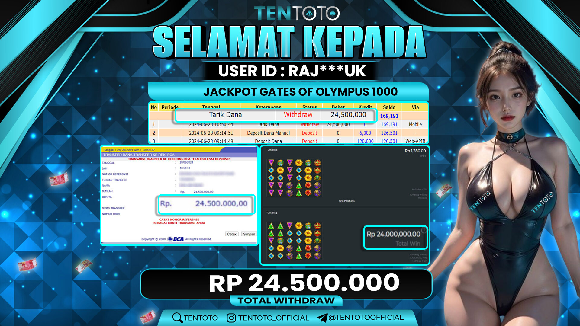 TENTOTO Jackpot Gates Of Olympus 1000 Rp. 24.500.000,- LUNAS