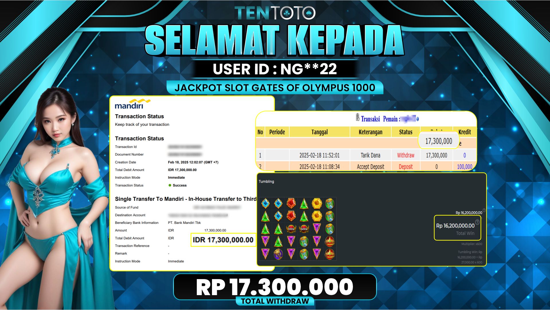 TENTOTO Jackpot Gates Of Olympus 1000 Rp. 17.300.000,- LUNAS