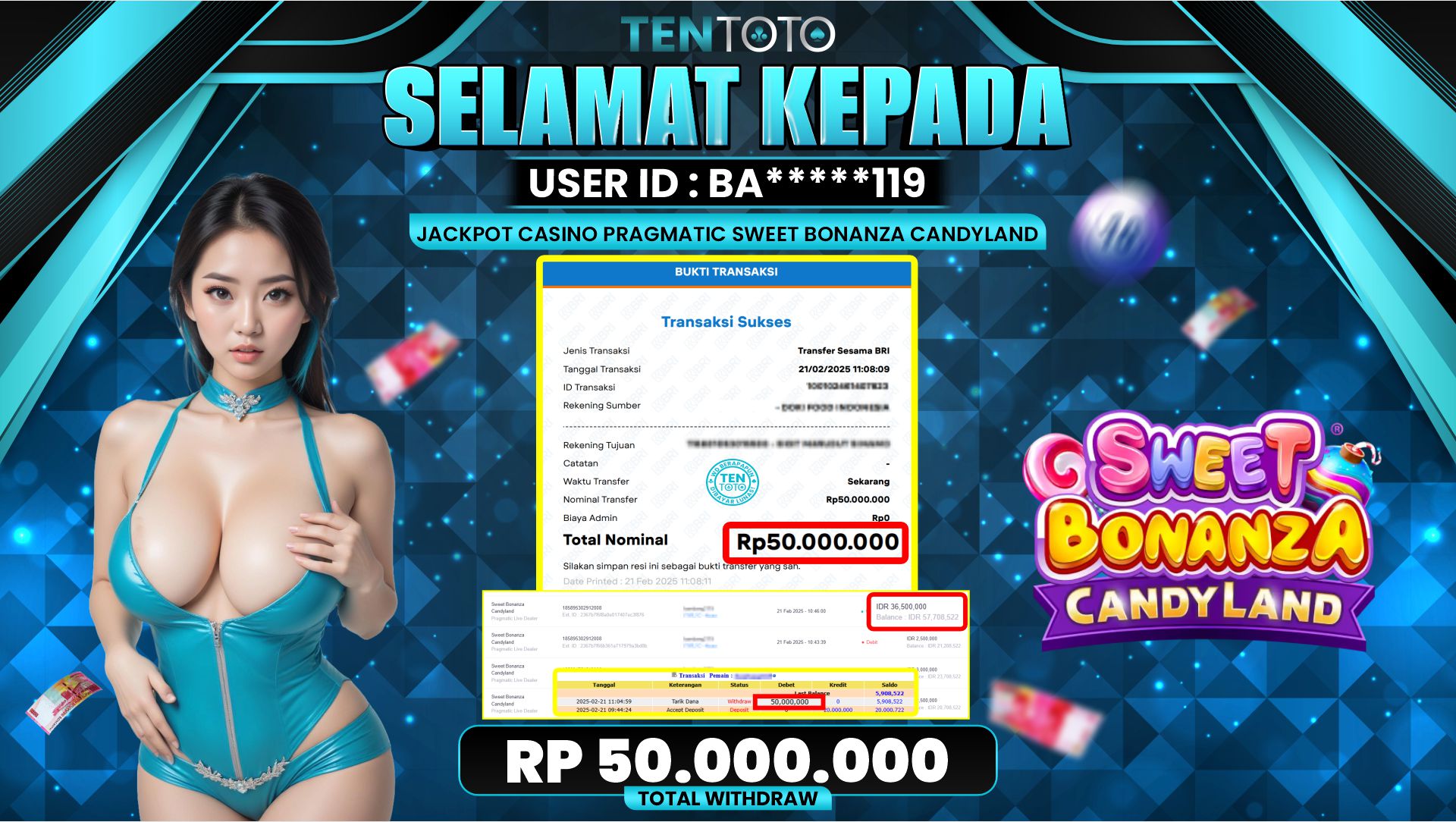 TENTOTO Jackpot Casino Pragmatic Sweet Bonanza Candyland Rp. 50.000.000,- LUNAS