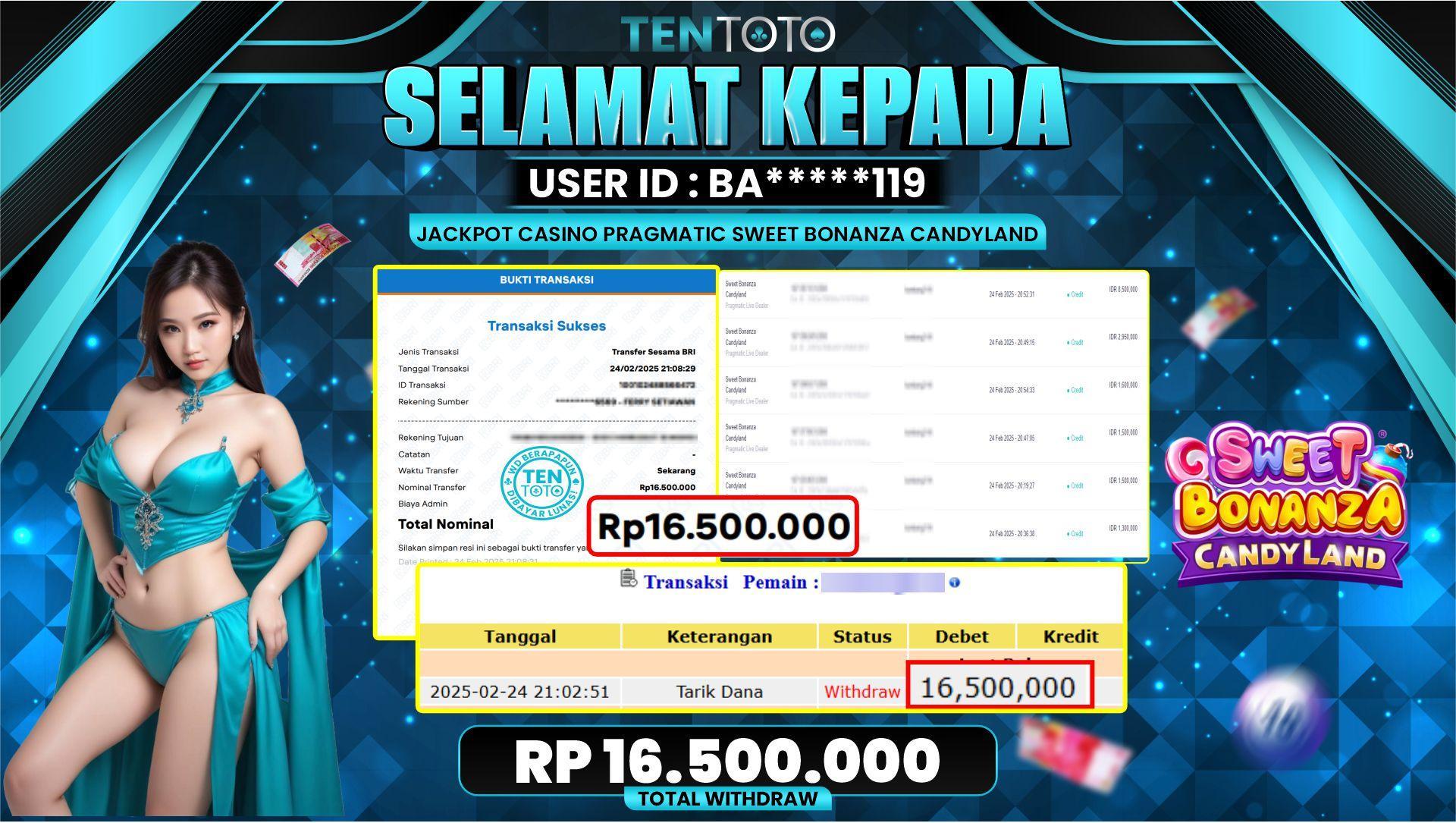 TENTOTO Jackpot Casino Pragmatic Sweet Bonanza Candyland Rp. 16.500.000,- LUNAS