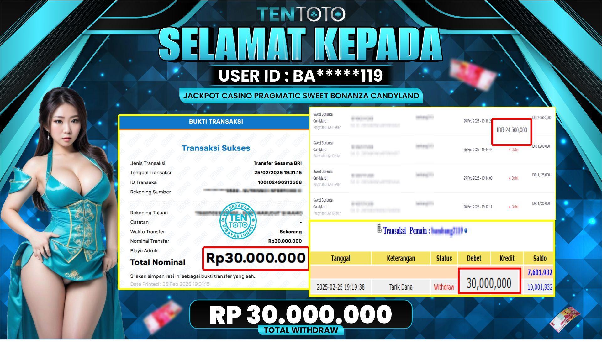 TENTOTO Jackpot Casino Pragmatic Sweet Bonanza Candyland Rp. 30.000.000,- LUNAS