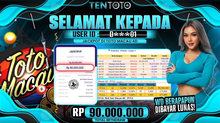 TENTOTO Toto Macau 4D  Rp. 90.000.000,- LUNAS